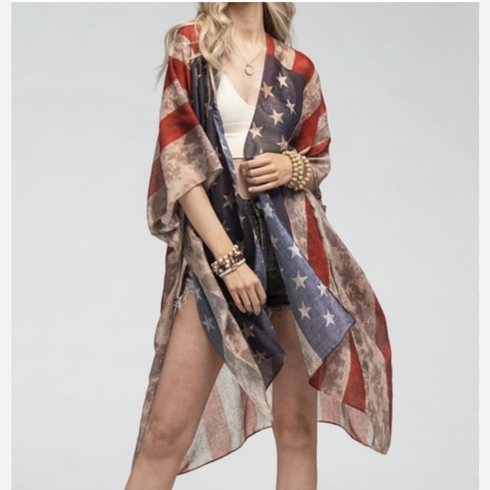 Riah Fashion Vintage Inspired American Flag Cardigan/Swim Cover-Up